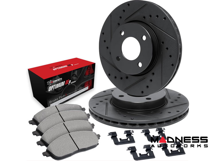 smart fortwo Brake Kit - 453 - Front - R1 Concepts - Optimum OEp Brake Pads - eLINE Black Drilled + Slotted Rotors